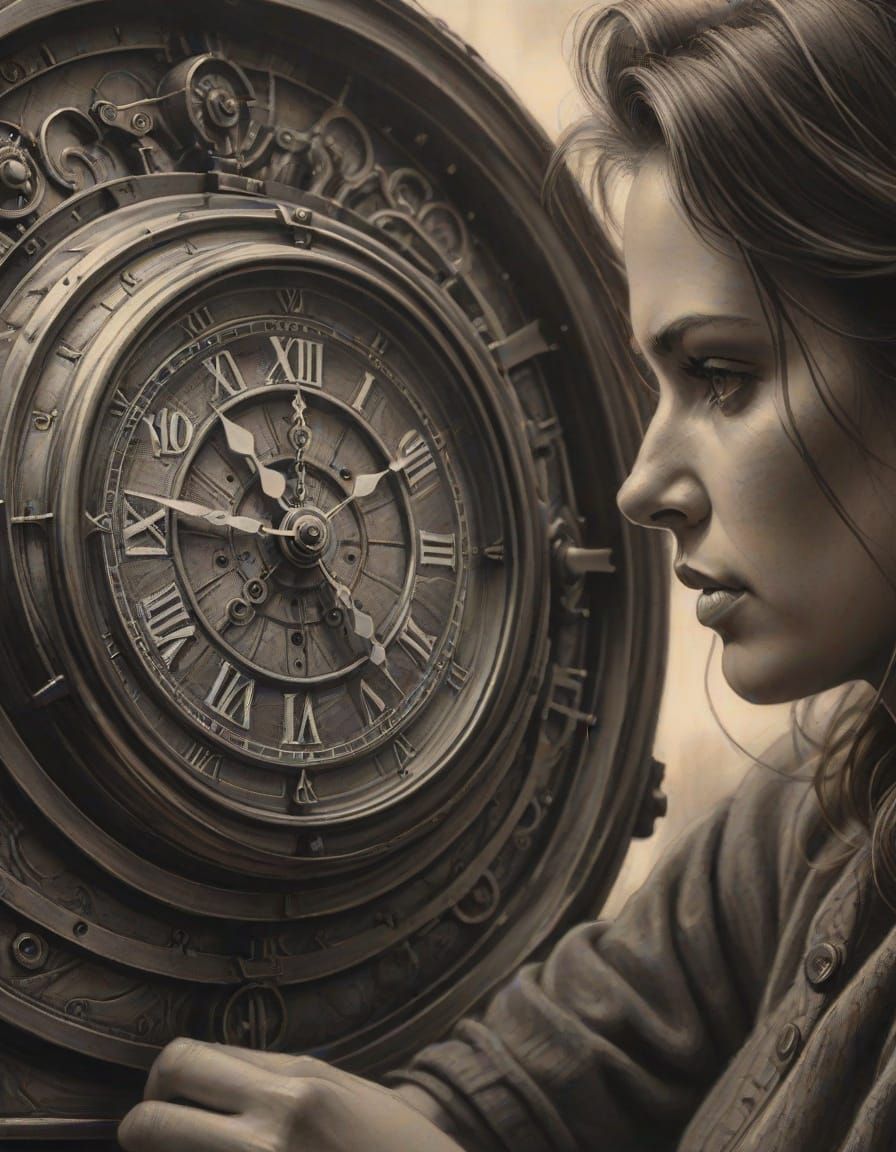 Woman Gazing at Clock in Charcoal Drawing