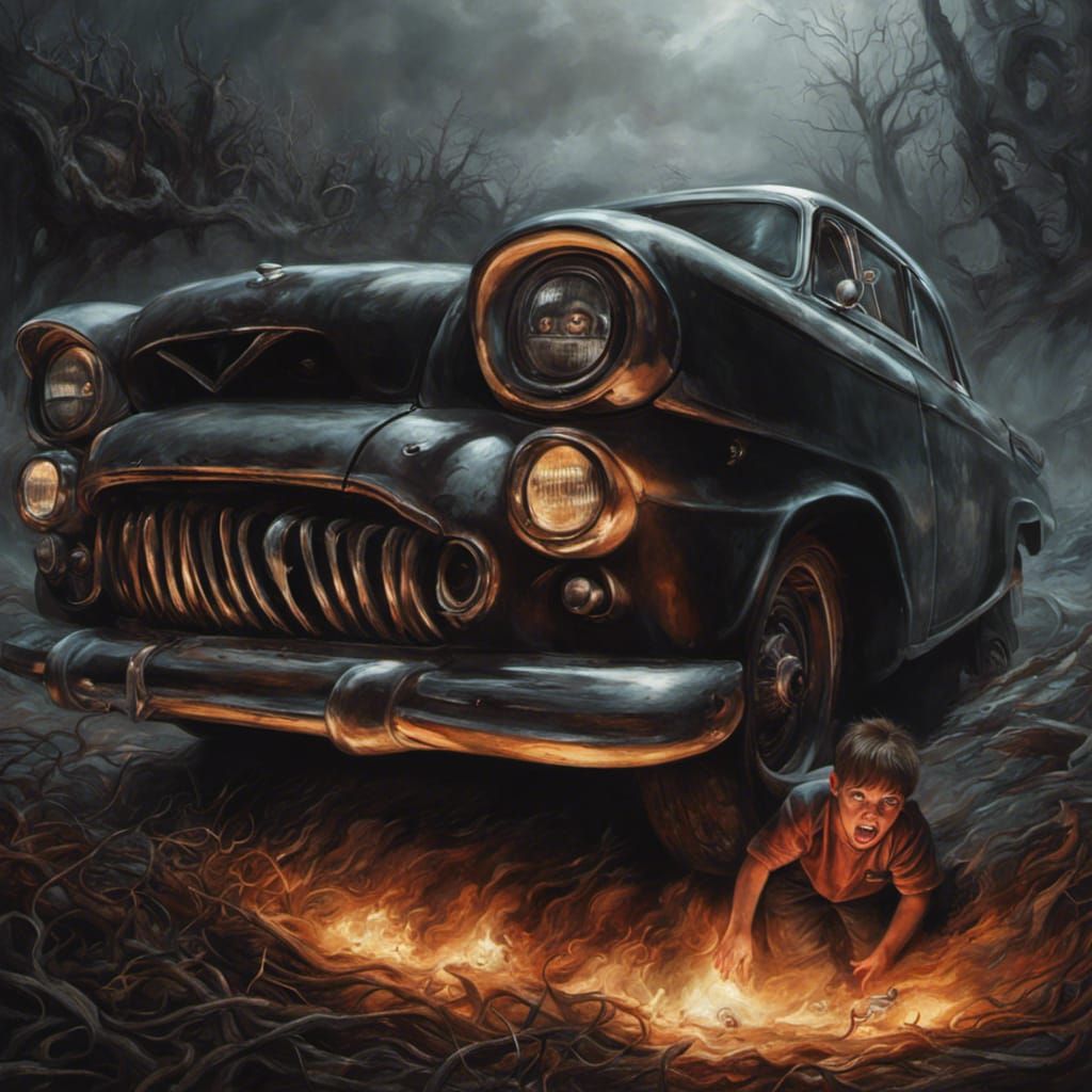 Demonic Car Confronts Boy in Dark Horror Scene