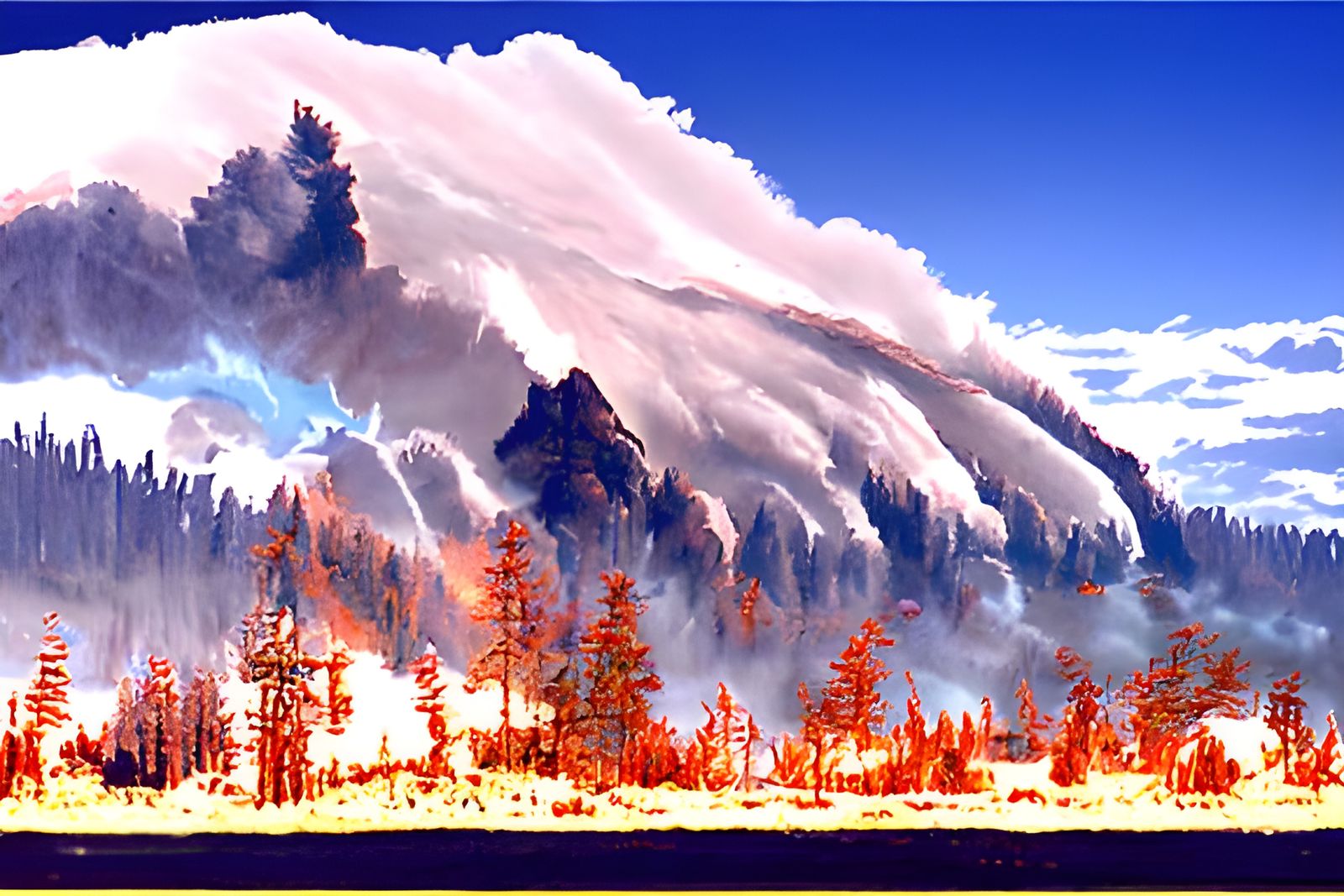 Avalanche Over Forest Fire in Matte Painting Style