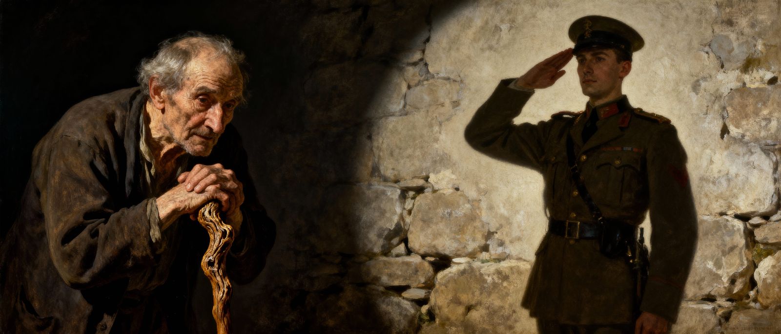 Old Man and Shadow Soldier in Dramatic Chiaroscuro