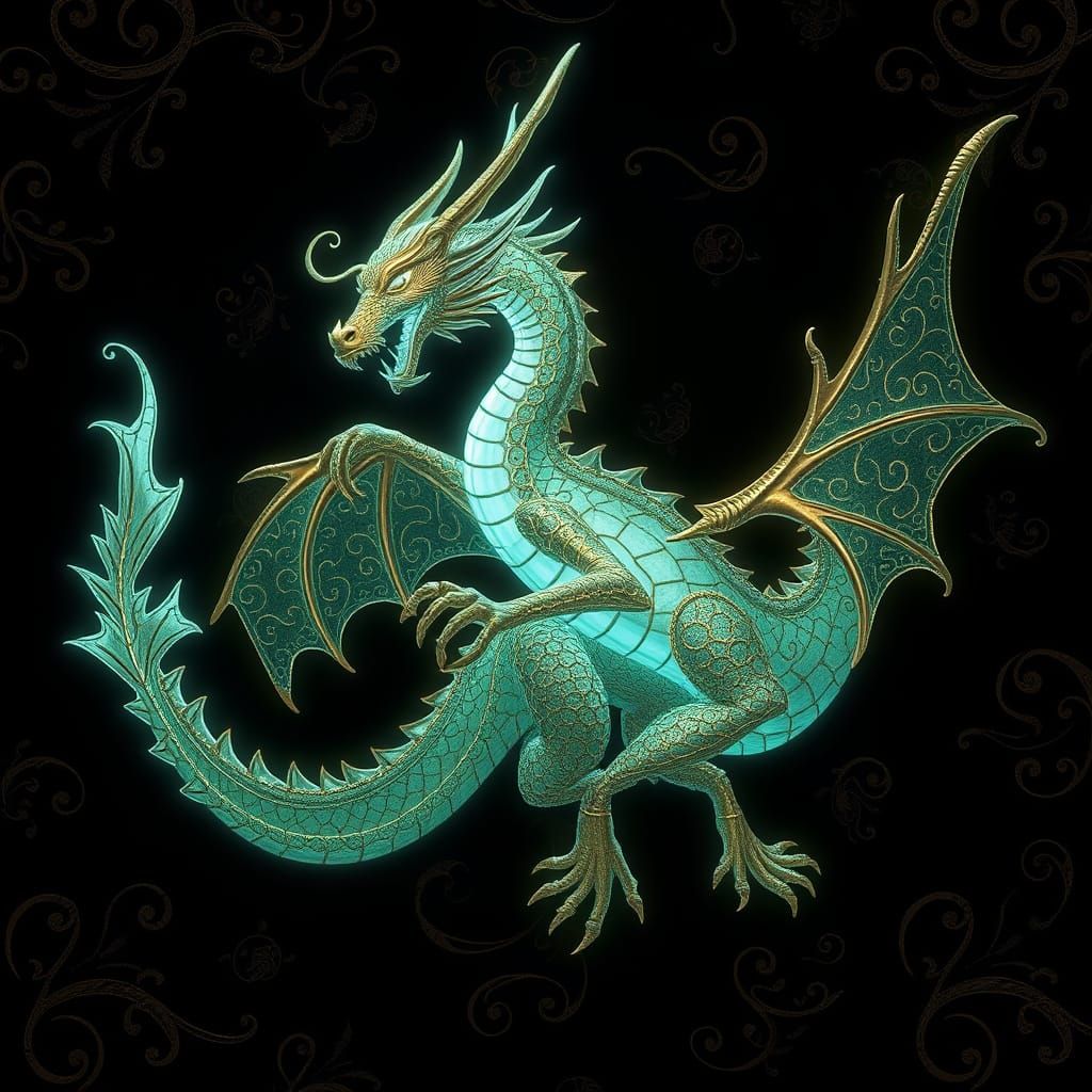 Bioluminescent Dragon with Bronze Filigree