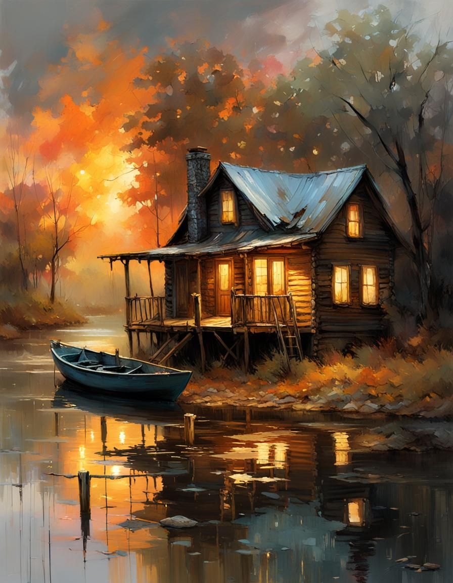 Bayou Log Cabin at Sunset: Matte Painting