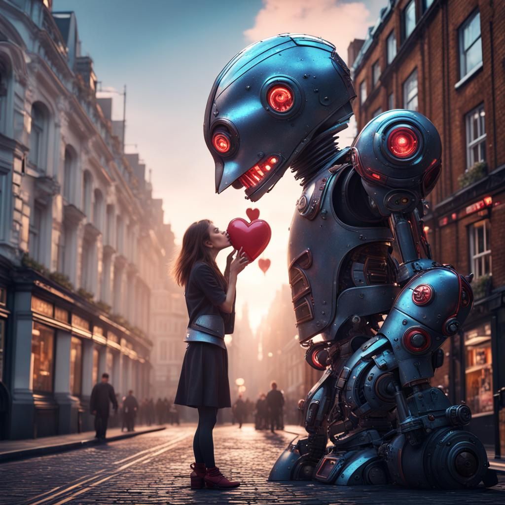 Robot Kisses Girl on Shiny London Street