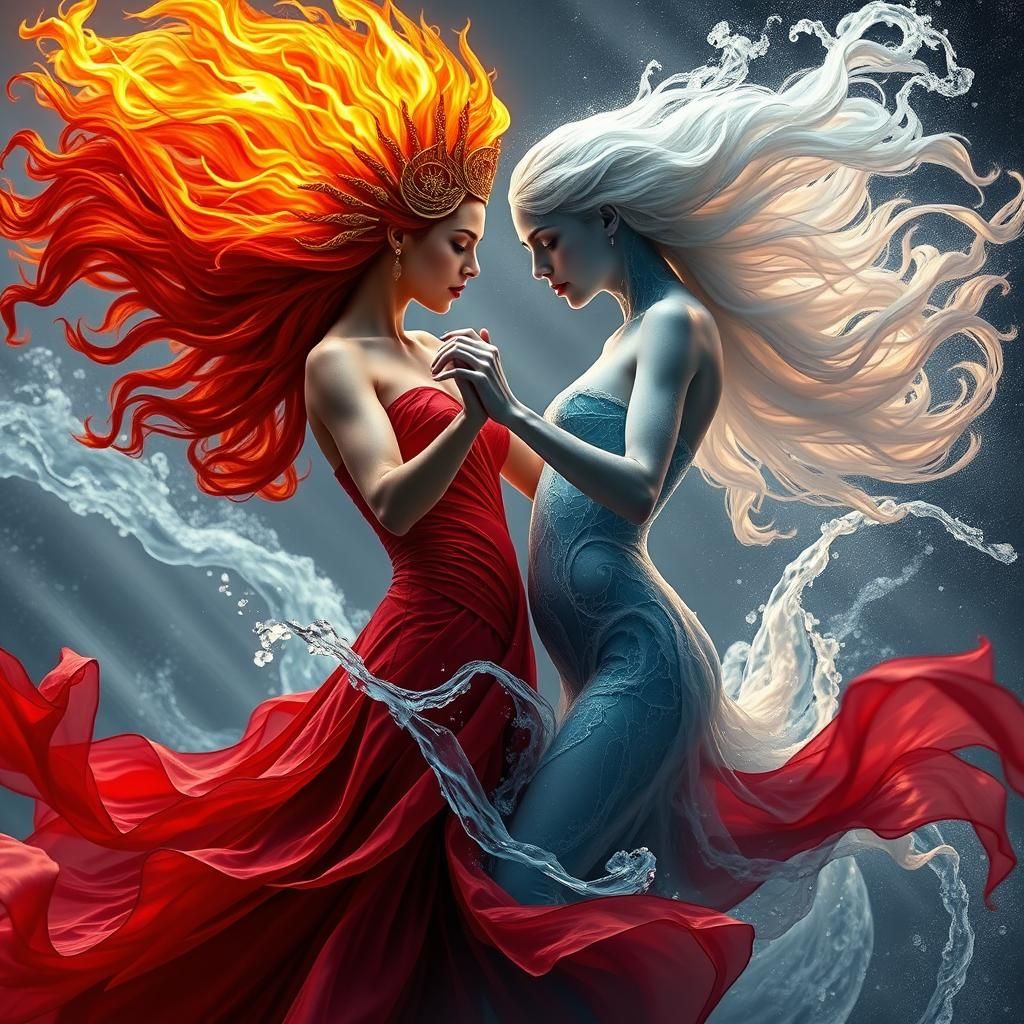 Elemental Dance: Fire and Water in Hyper-Realistic Style