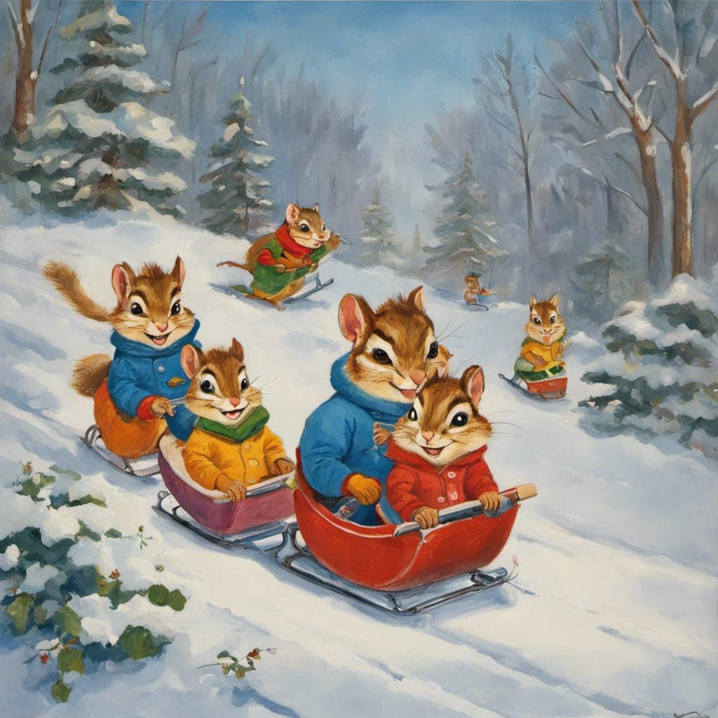 Chipmunks Sledding on Blueberry Hill as Oil Painting