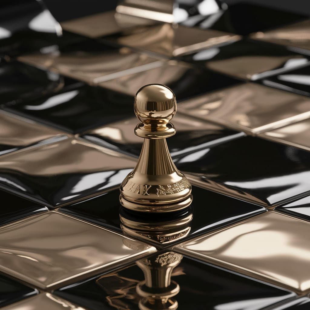 Golden Pawn on Reflective Chessboard in Mixed Media Art