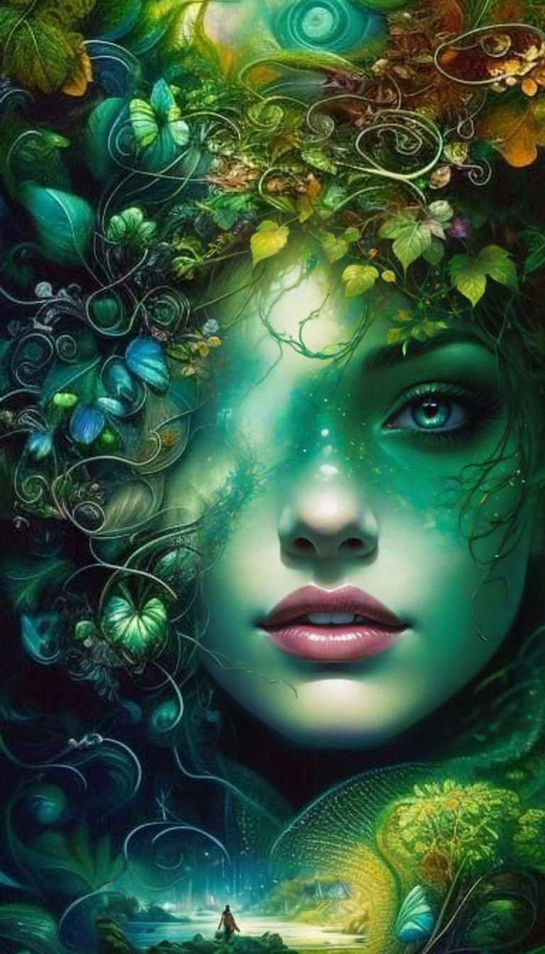 Nature Spirit Girl with Vines in Gouache Painting Style