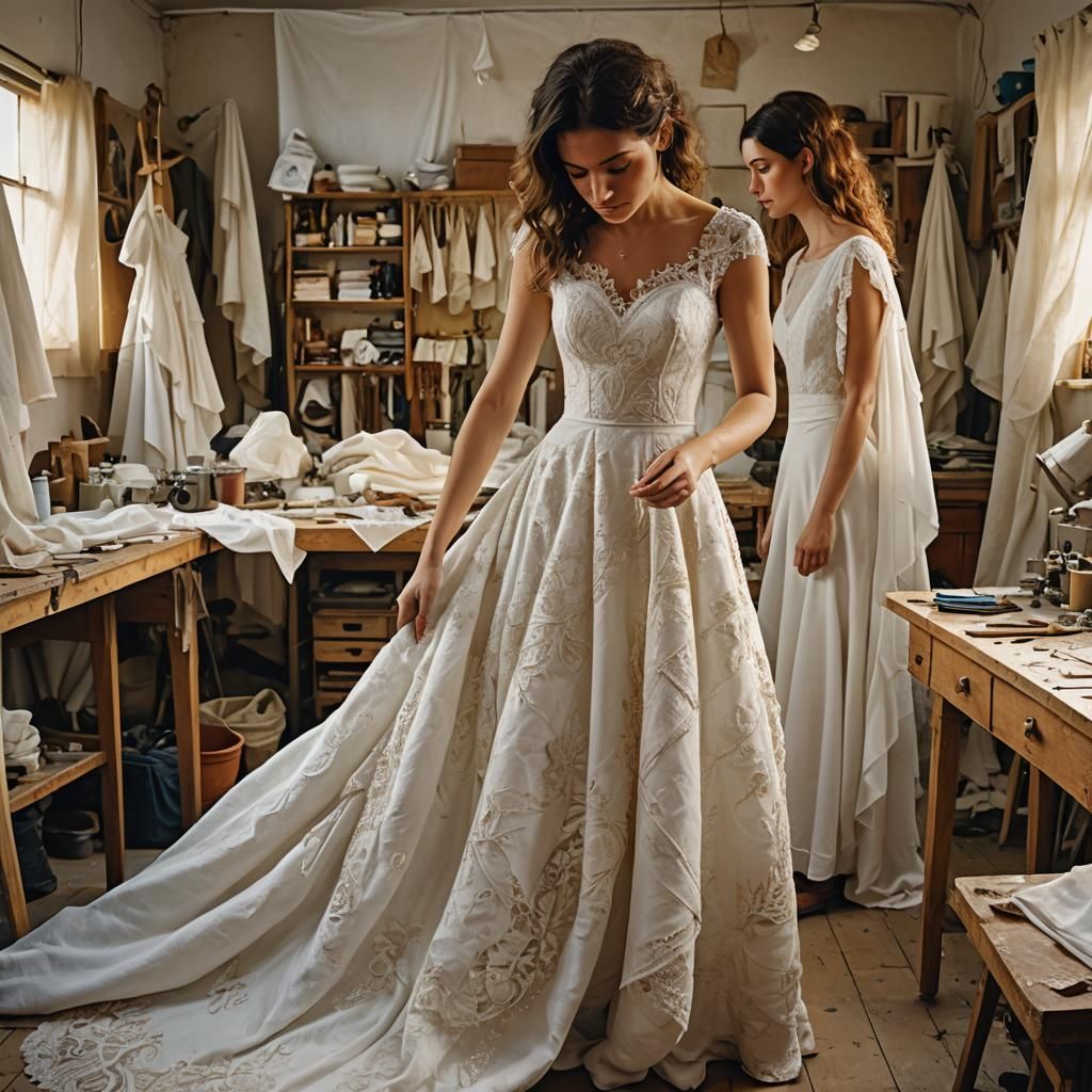 Israeli Woman Measures Wedding Dress in Oil Painting Style