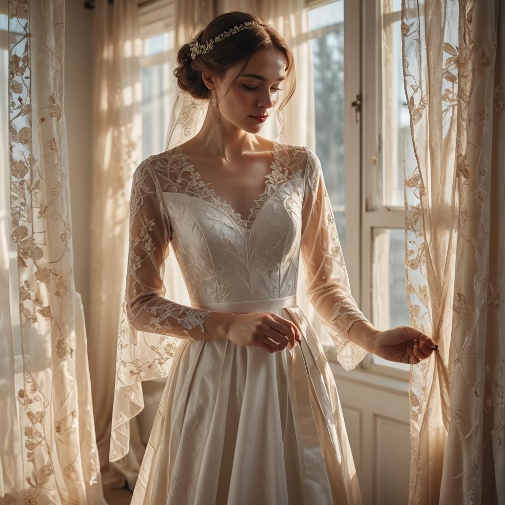 Woman Measures Wedding Dress in Gentle Sunlight