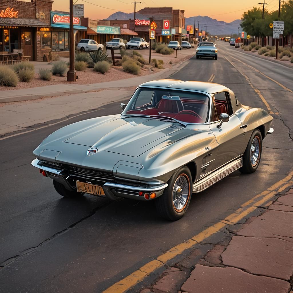 1963 Corvette on Route 66: Hyperrealistic Splash Art