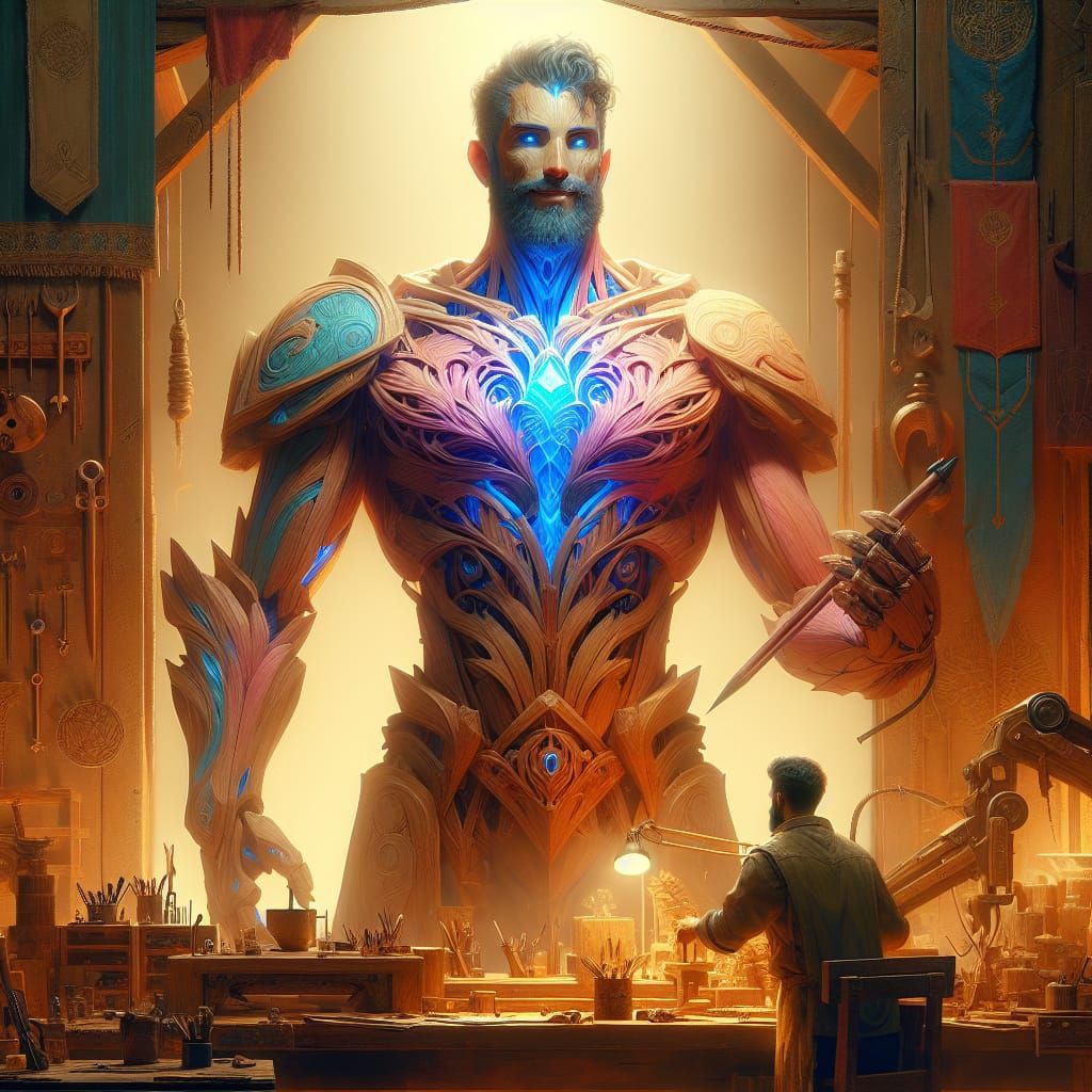 Friendly Wooden Construct in Workshop: Digital Painting