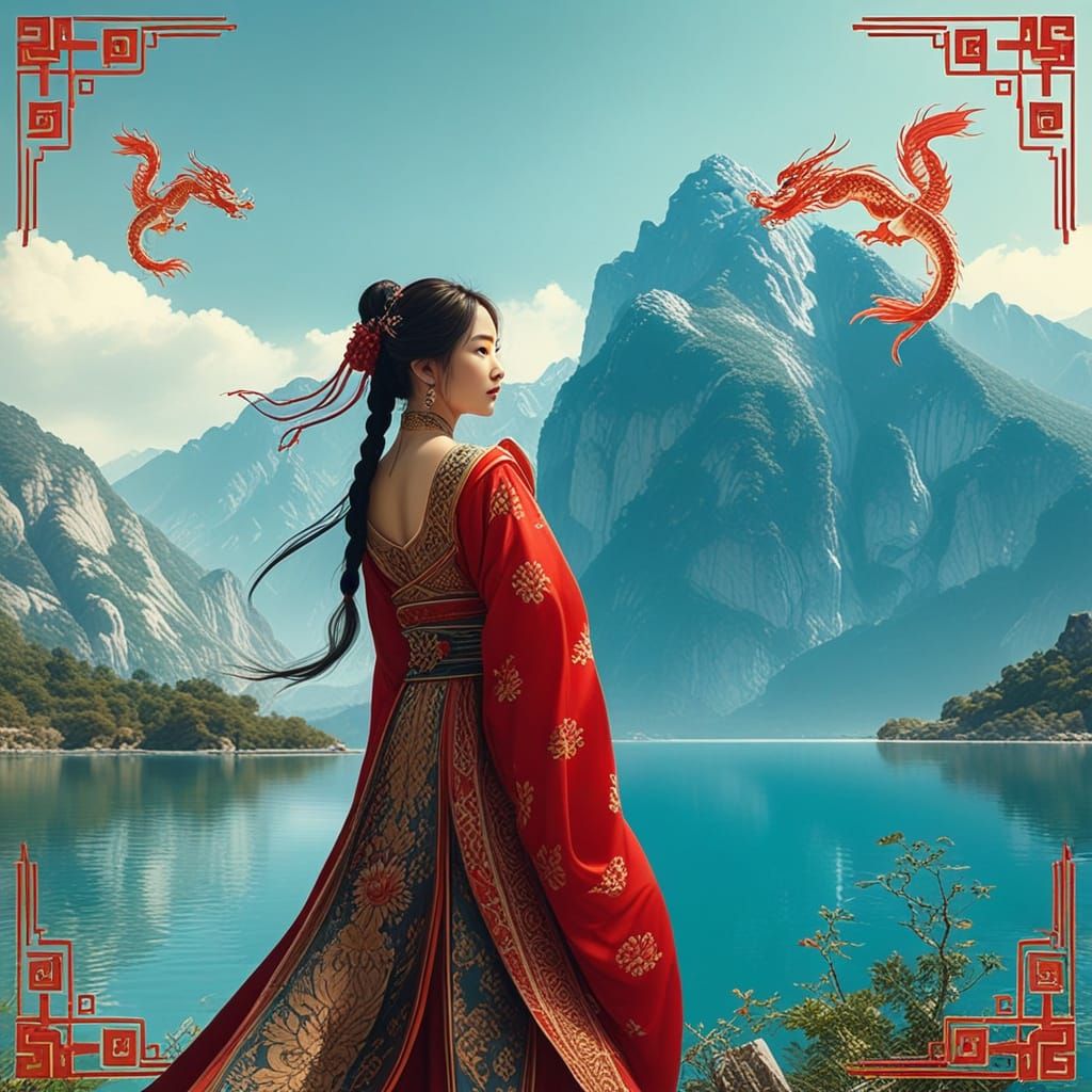 Serbian Chinese Beauty Amidst Crystal Lake and Dragons