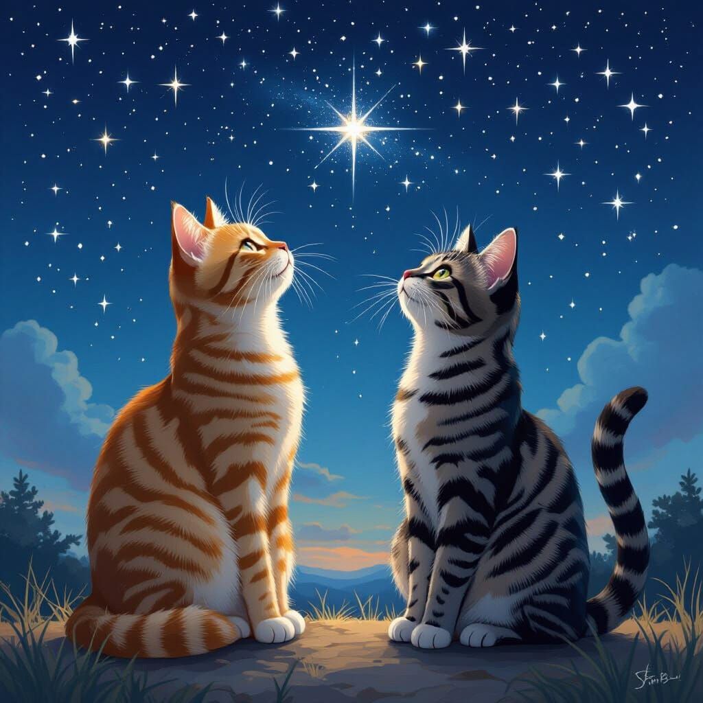 Two Tabby Cats Admire Starry Night Sky