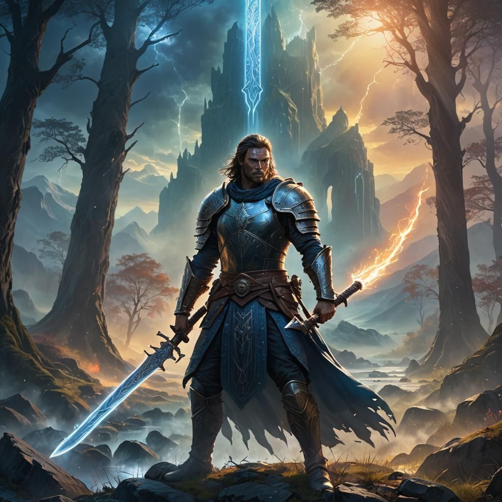 Mystic Warrior in a Vibrant Fantasy Landscape