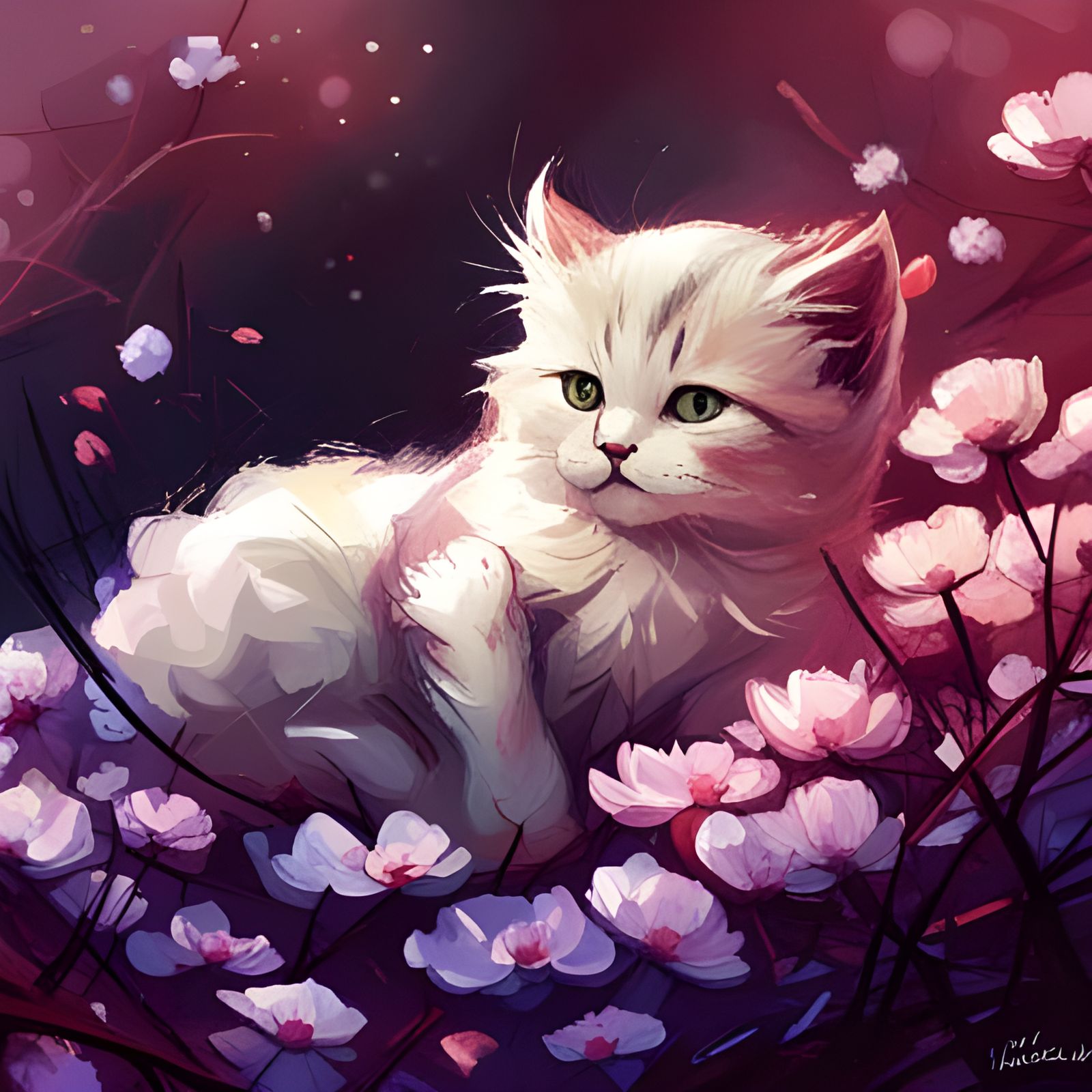 Cute Kitten Portrait on Blossoms, Detailed Digital Art