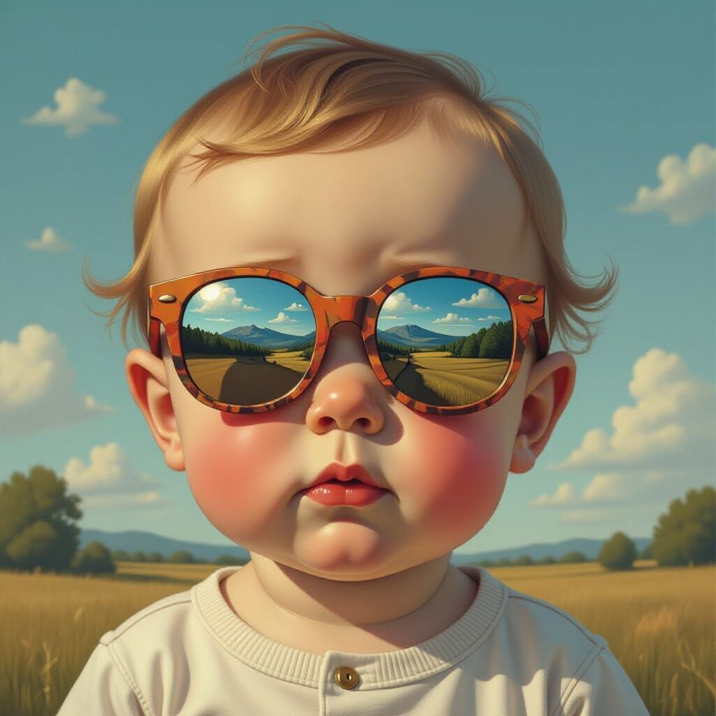 Surreal Baby Boy Face Wearing Sunglasses in a Dreamlike Land...