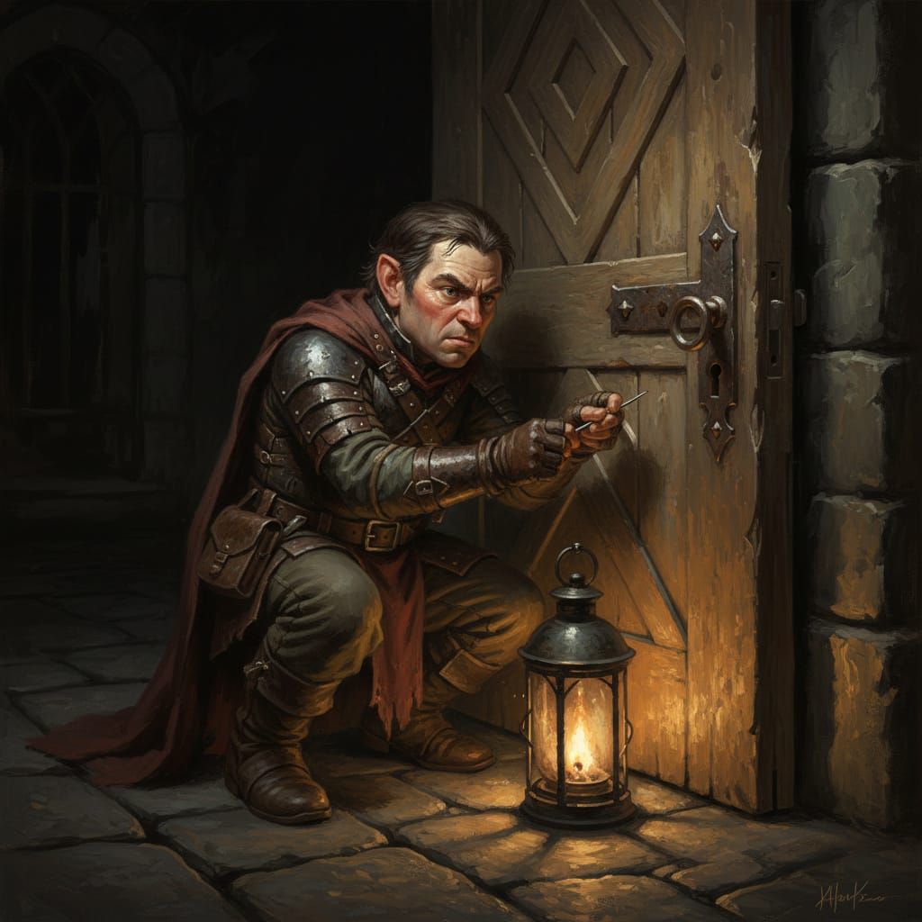Halfling Rogue Picks Ancient Door Lock in Dramatic Light