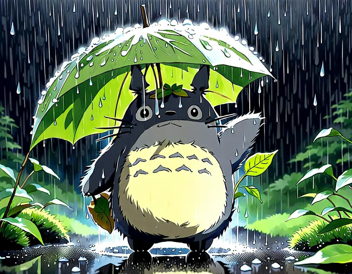 Totoro in Rain: Ink Drawing in Ghibli Style