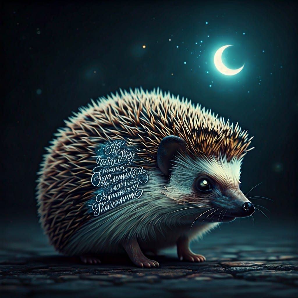 Mystical Hedgehog with Celestial Calligraphy in 3D Illustrat...