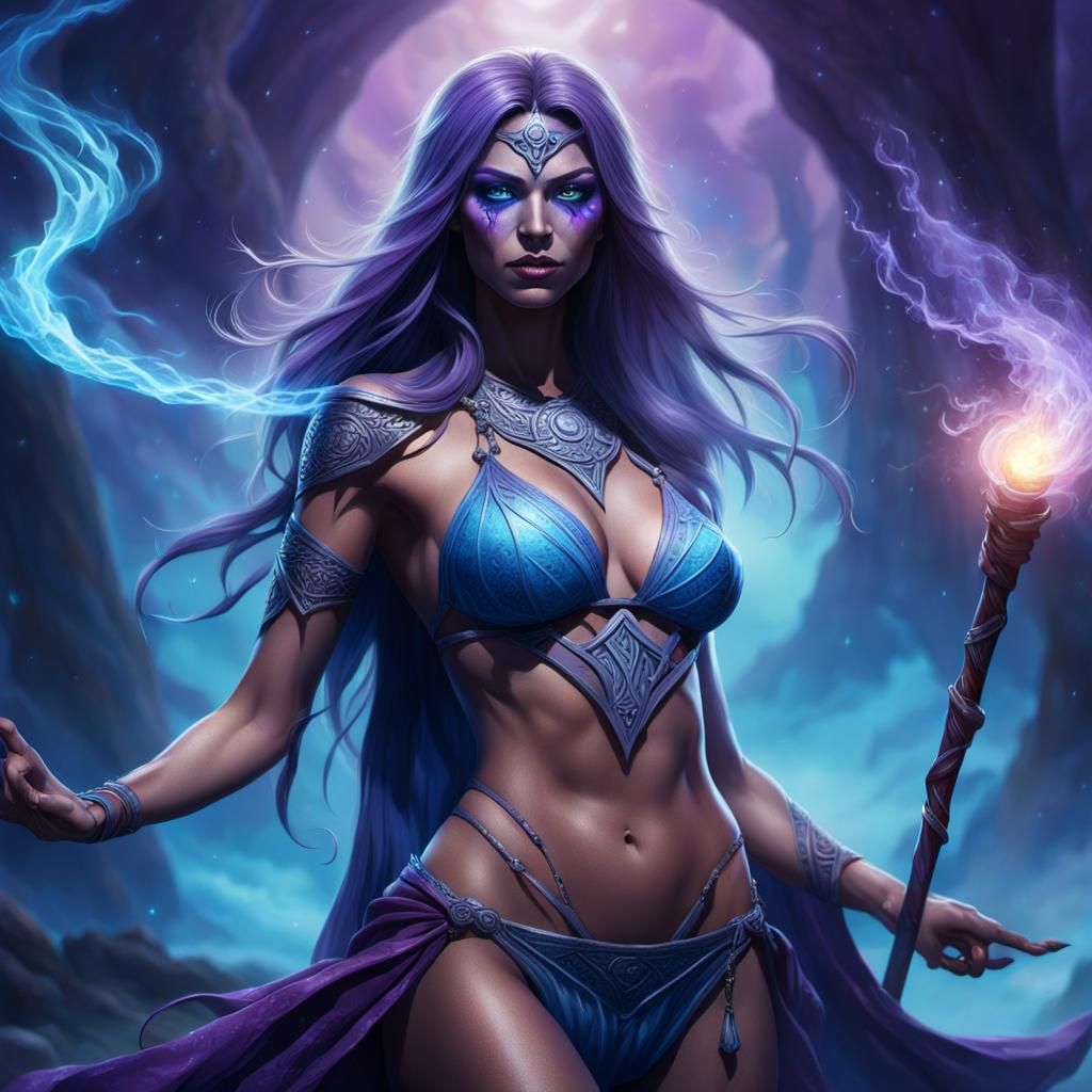 Sorceress Casting Spell with Staff in Vibrant Aura