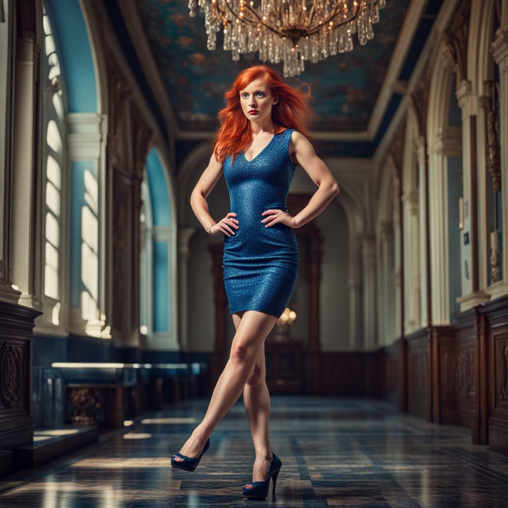 Hyperrealistic Redhead in Miniskirt and High Heels