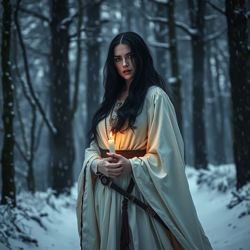 Woman Warrior in Snowy Forest, Hyperrealistic Style