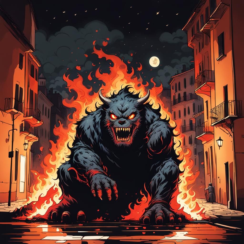 Fiery Monster Roams a City at Night