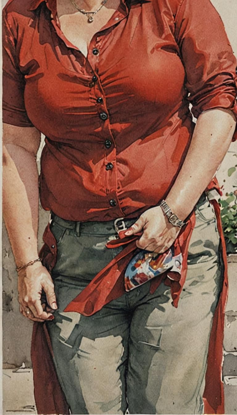 Chubby Woman in  open all buttons of red blouse
