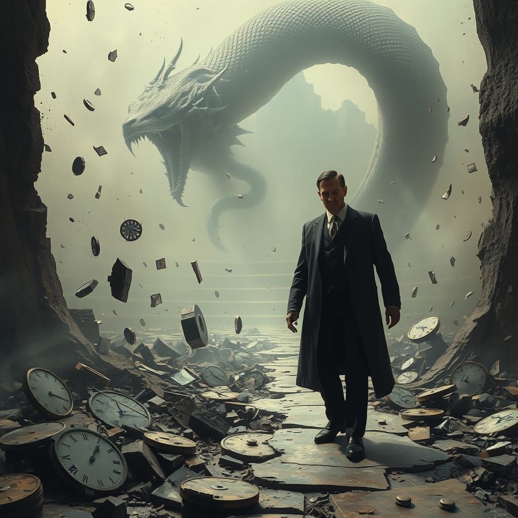 Man Escaping Shattered Timeline with Serpent Figure