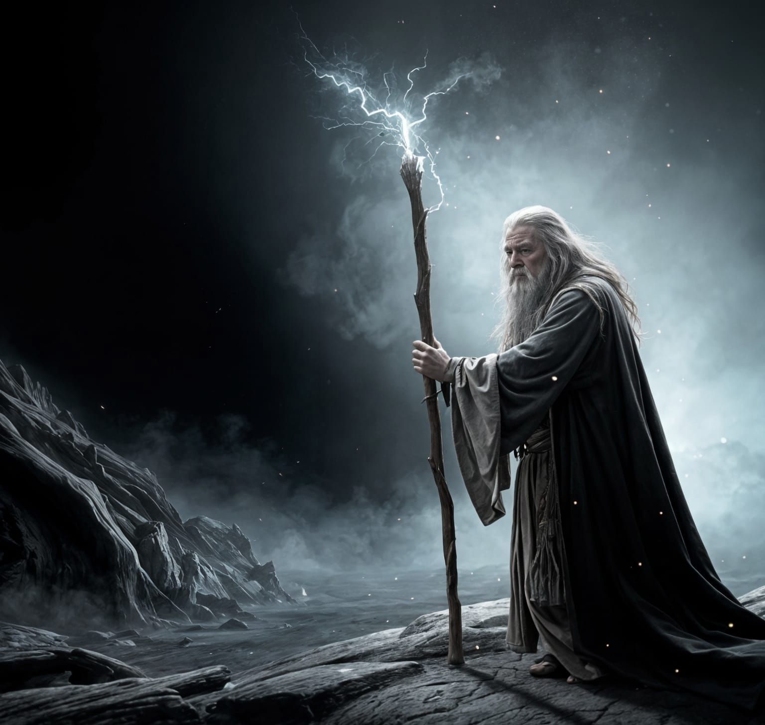 Hyperreal Gandalf in Smoky Space with Wooden Staff