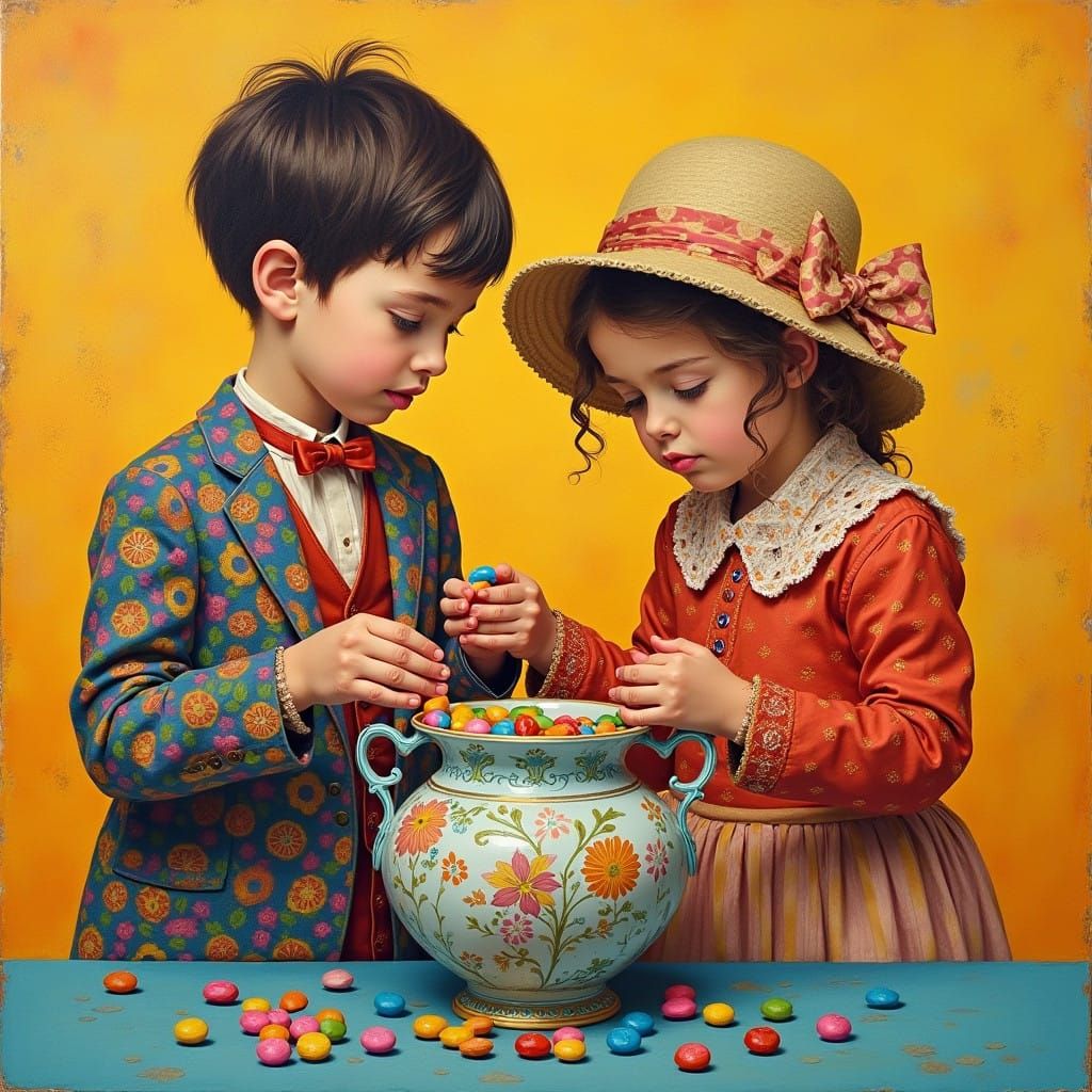 Mischievous Youth Steal Candy in Vibrant Gouache Style