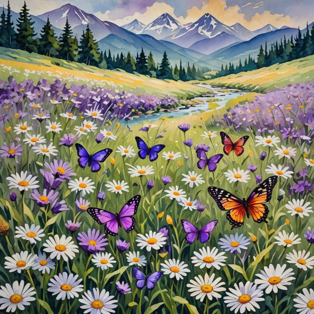 Purple Butterflies and Daisies in Gouache Style