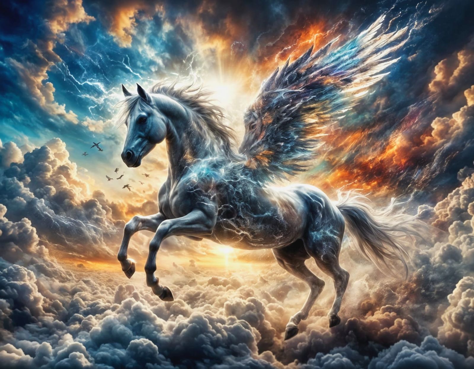 Winged Horse Soars Through Rainbow Storm Clouds