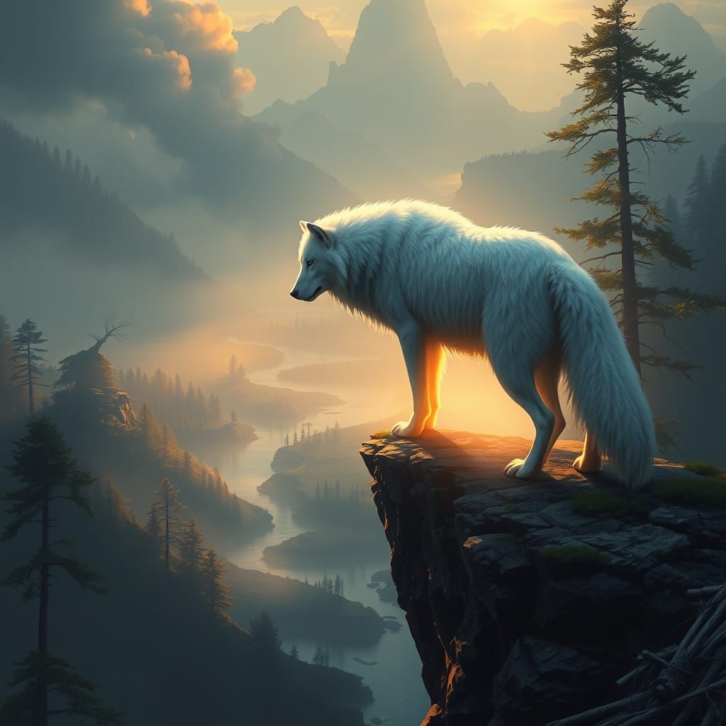 Majestic White Wolf on Cliff at Dawn