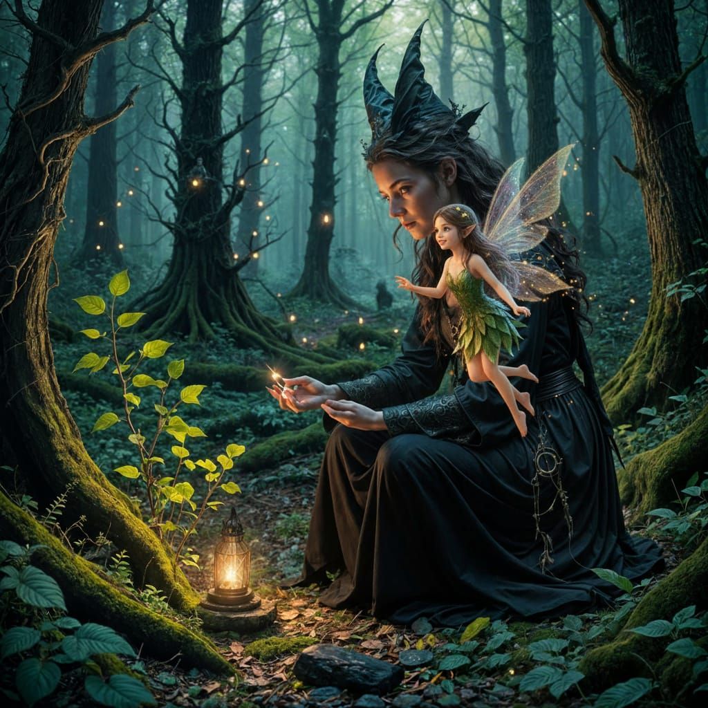 Wiccan Witch in Enchanted Forest With Glowing Fae