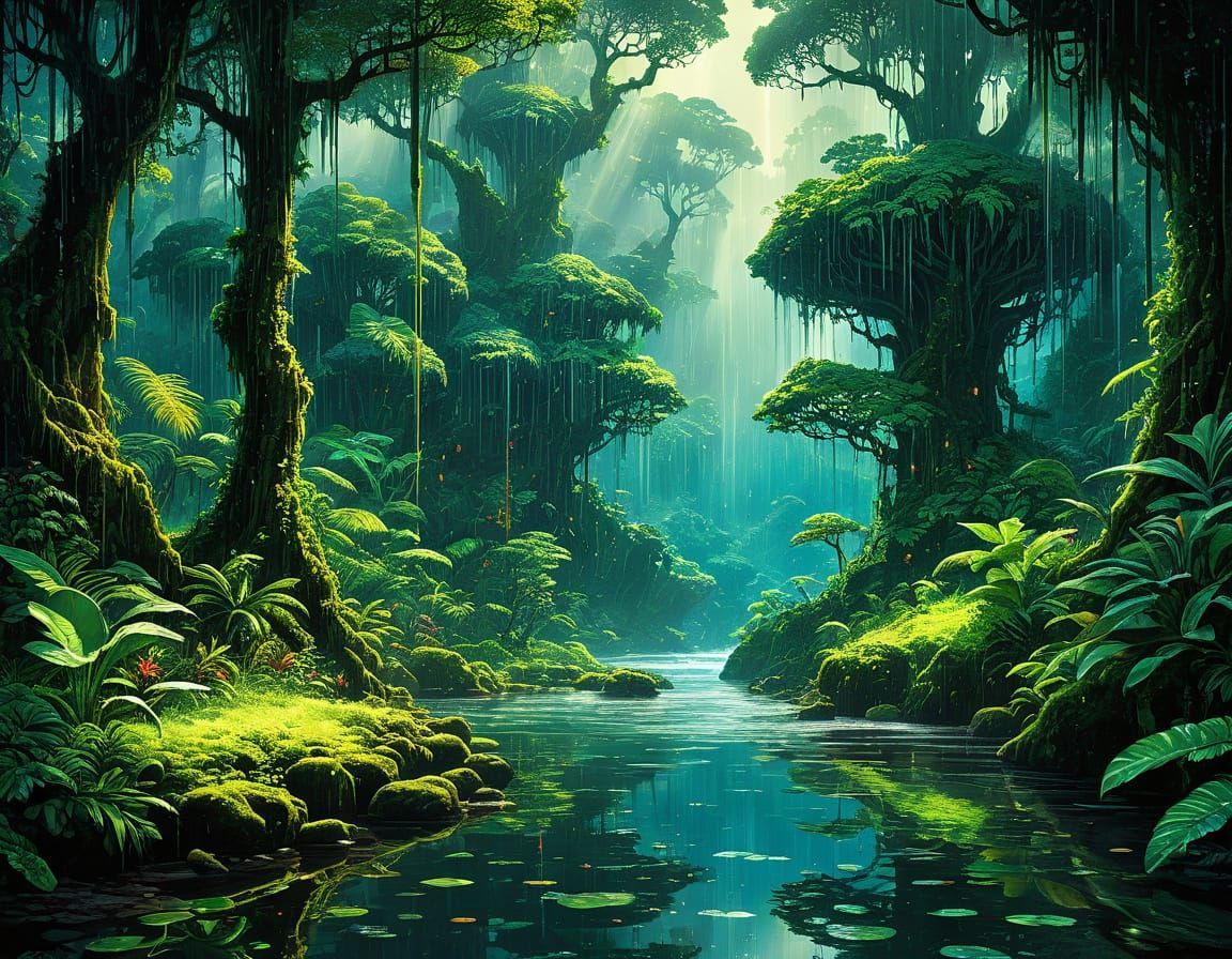 Magical Fairy Landscape in Rainforest with Iridescent River