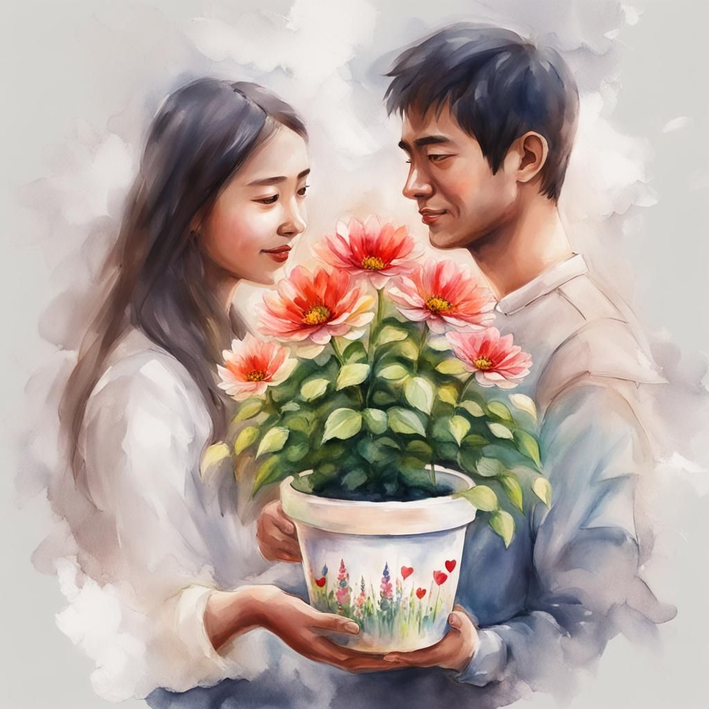 Couple Holding Flower Pot in Watercolor Style