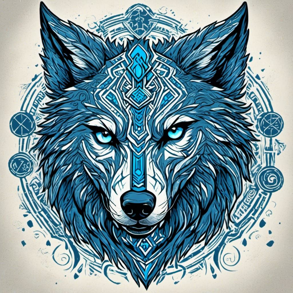 Wolf Paladin with Glowing Runes in Screen Print Style