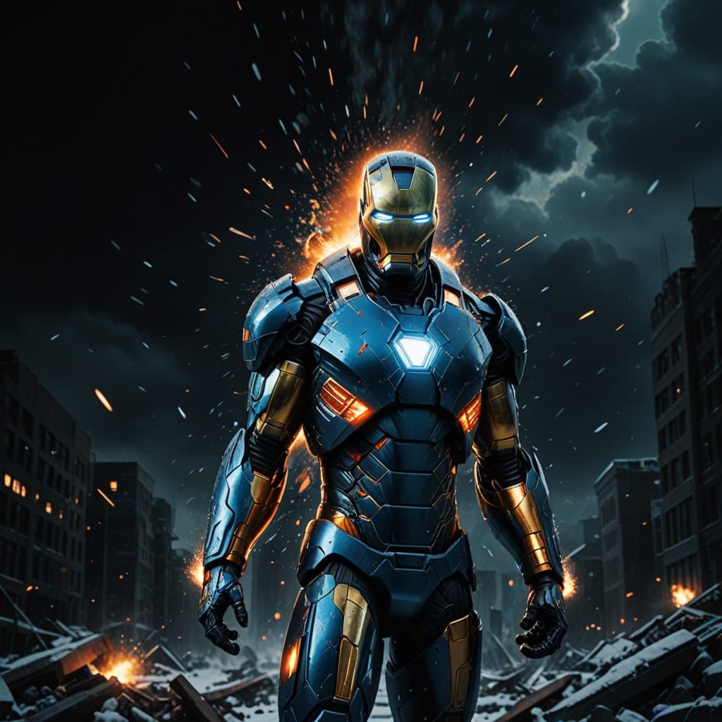Blue Iron Man Suit Amidst Snowy City Rubble