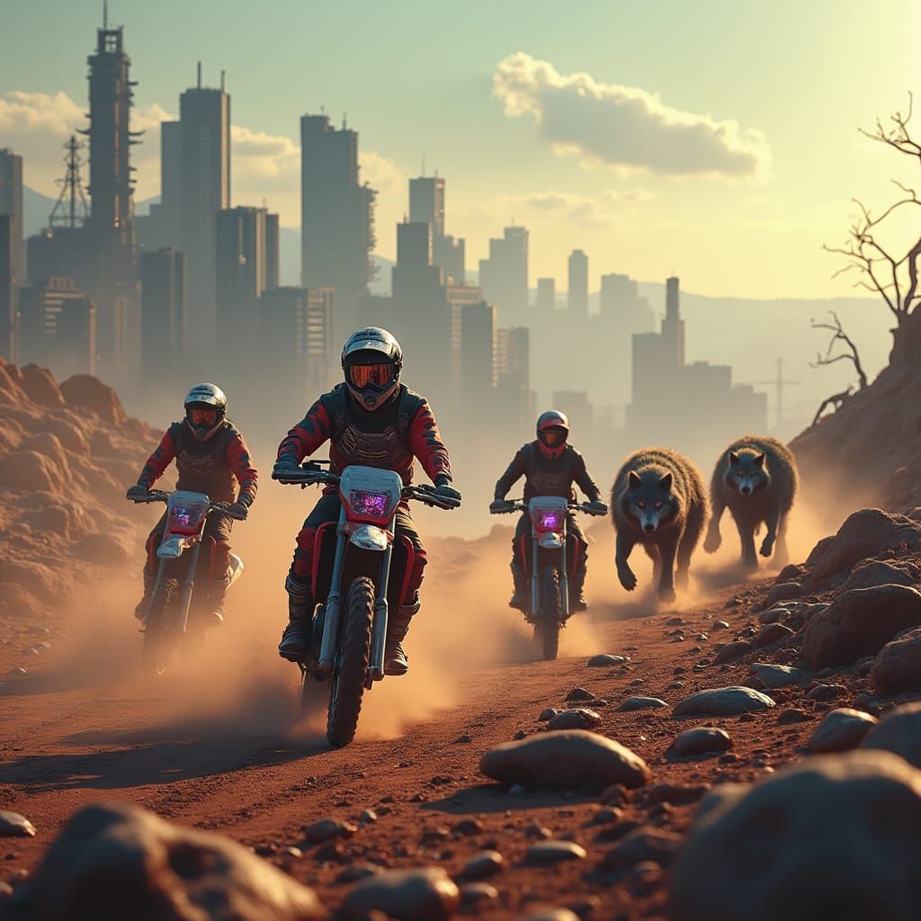 Futuristic Bikers Evade Bioluminescent Wolves in Wasteland