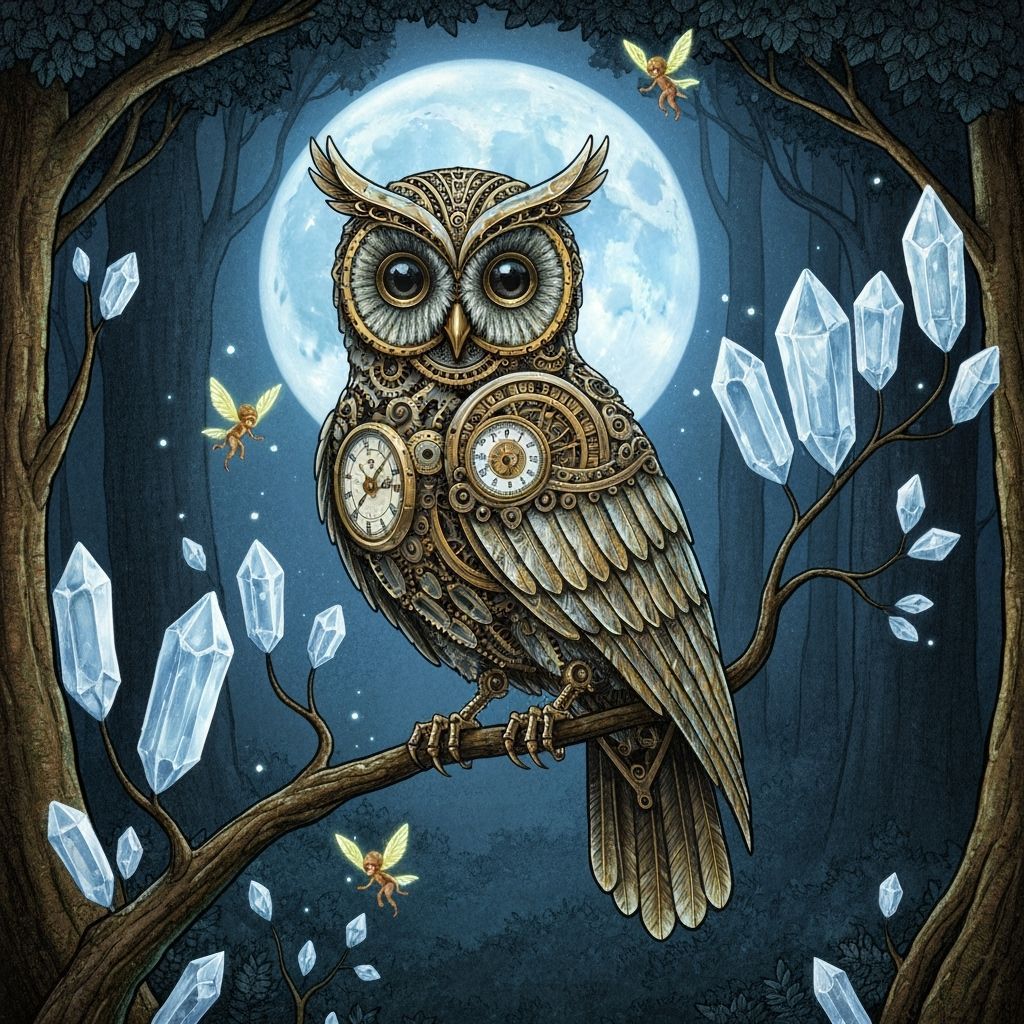 Clockwork Owl on Crystal Tree in Enchanted Forest
