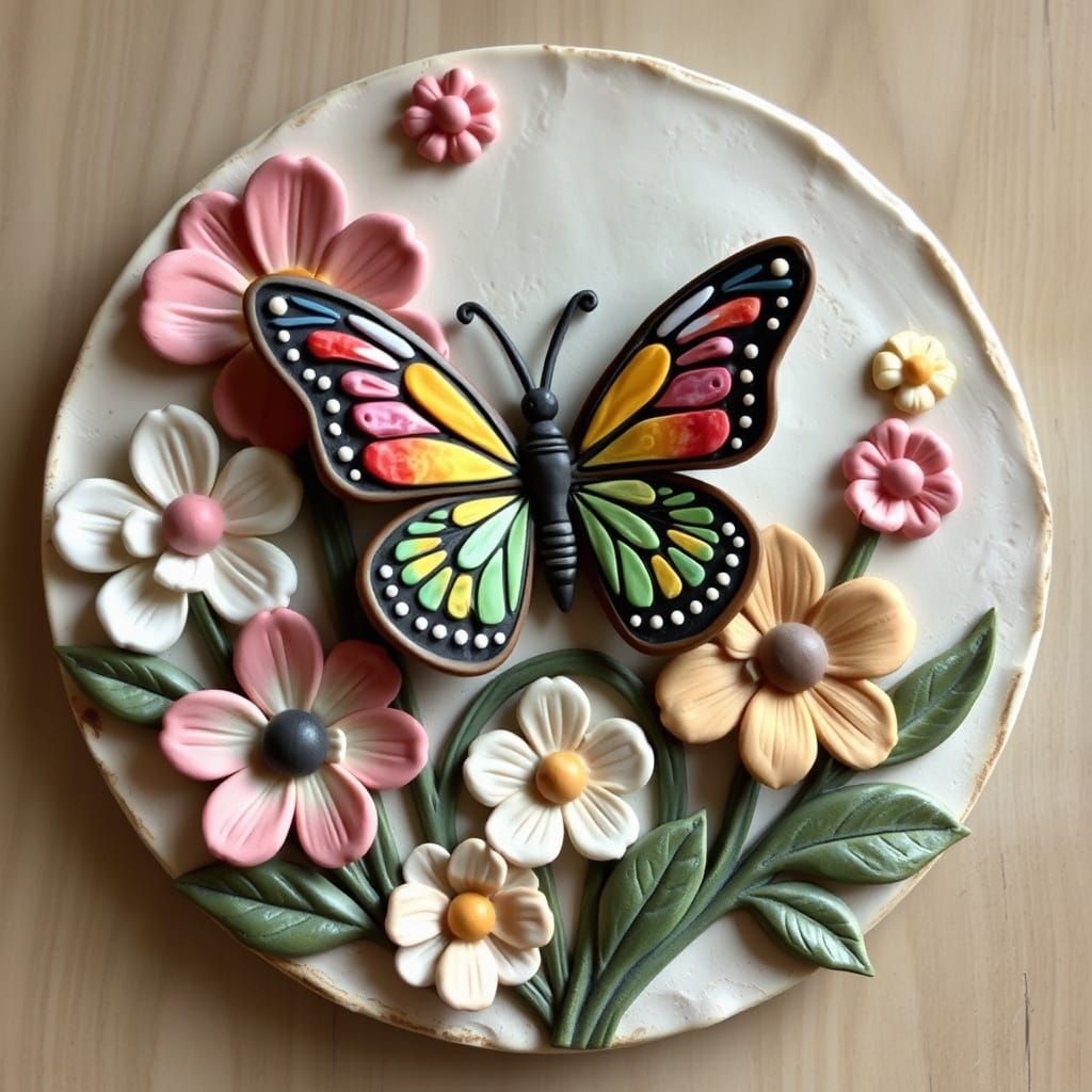 Clay relief sculpture of flowers with colorful pressed clay butterfly