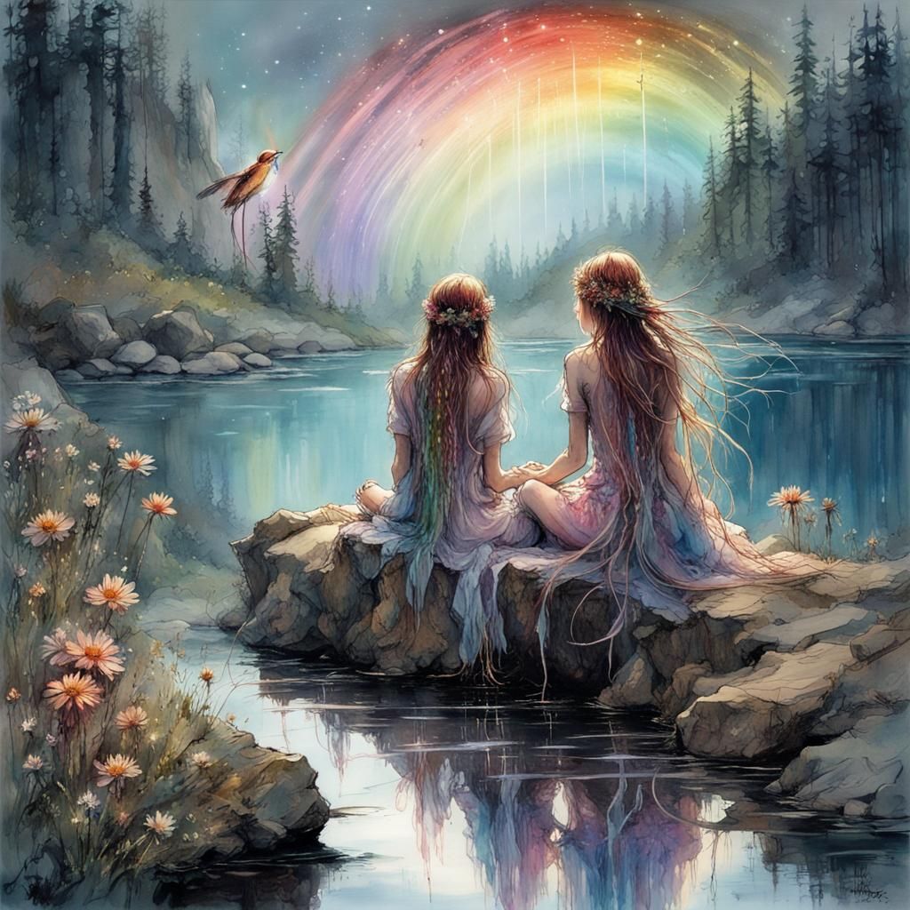 Pixies by Lake at Night with Rainbow Reflection