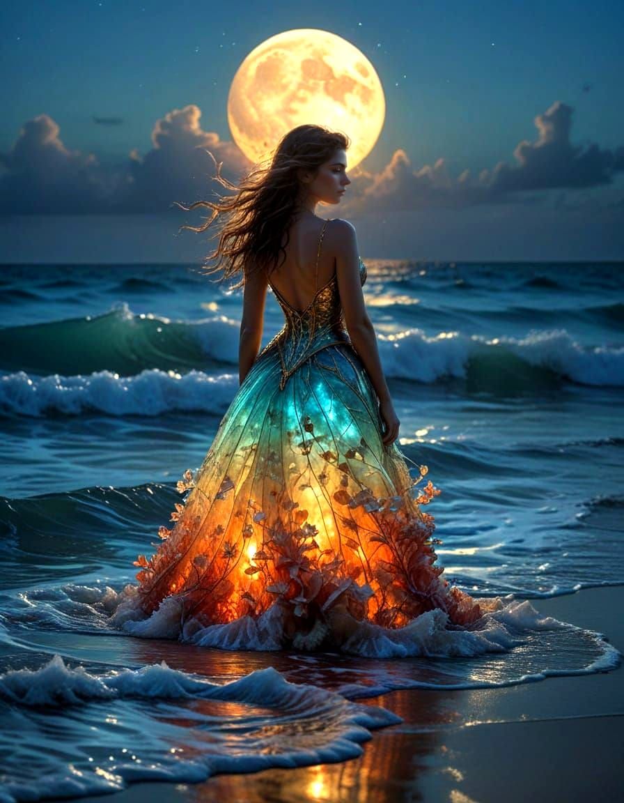 Daydreaming Girl in Glowing Coral Dress by Moonlight