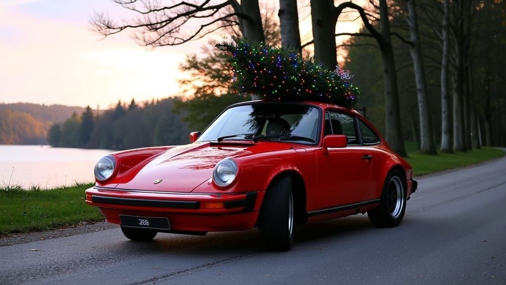 Sleek Cherry-Red Porsche 911 Carrera Coupé Drives Along Sere...