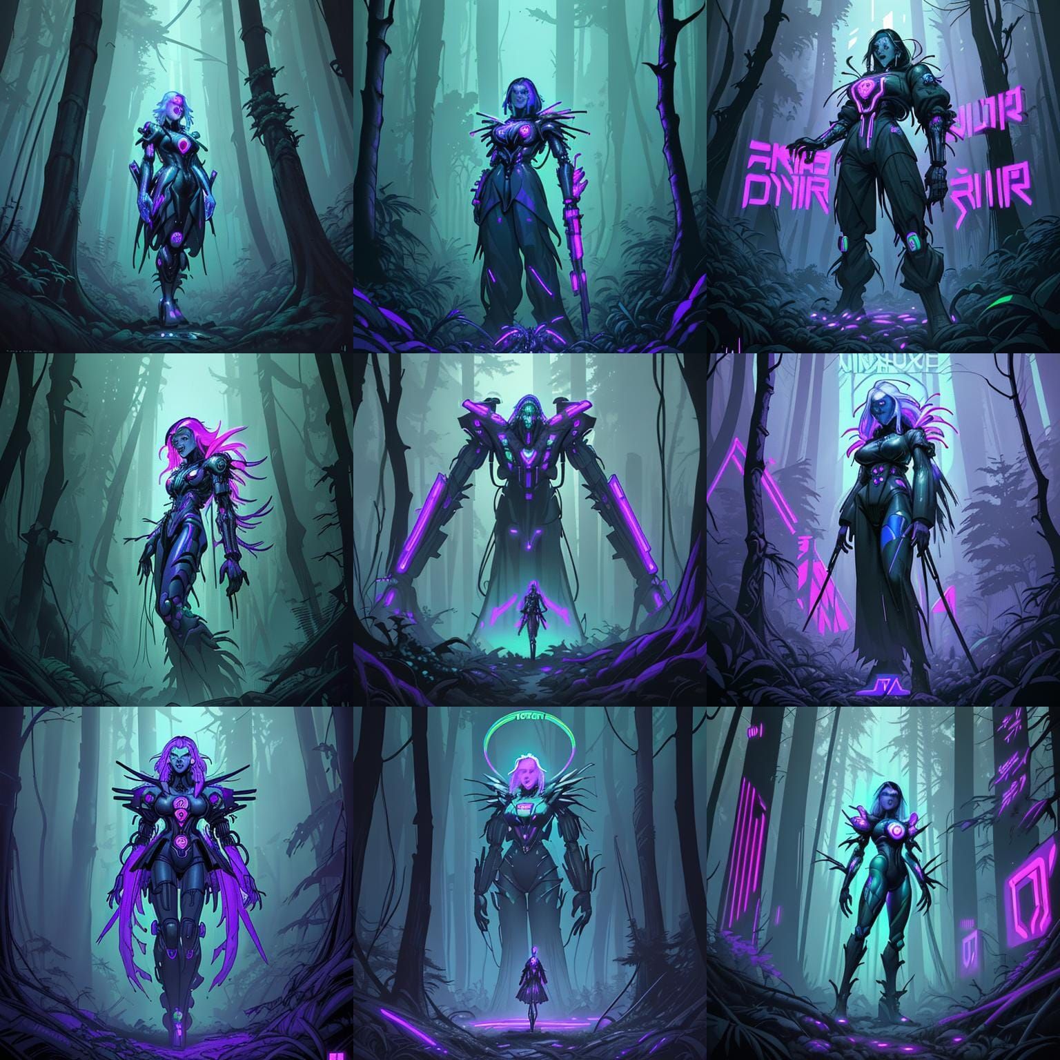 Baba Yaga in Cyberpunk Forest with Synthwave Style