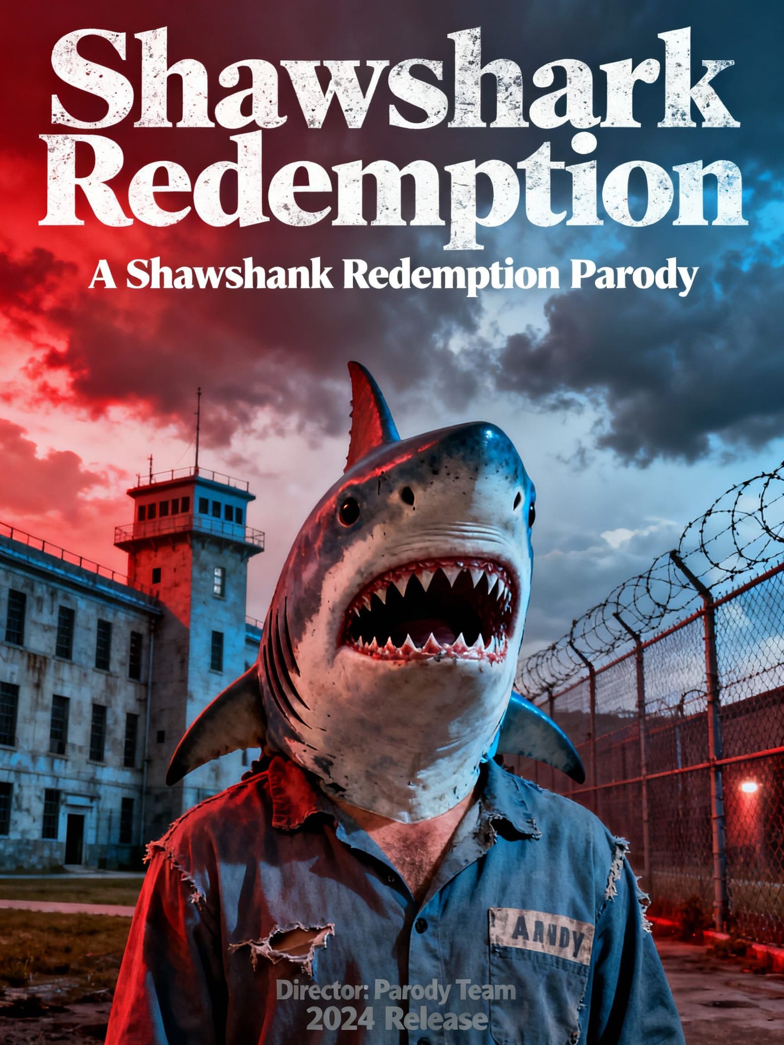 Shawshark Redemption: Andy Dufresne Shark Head Parody Poster