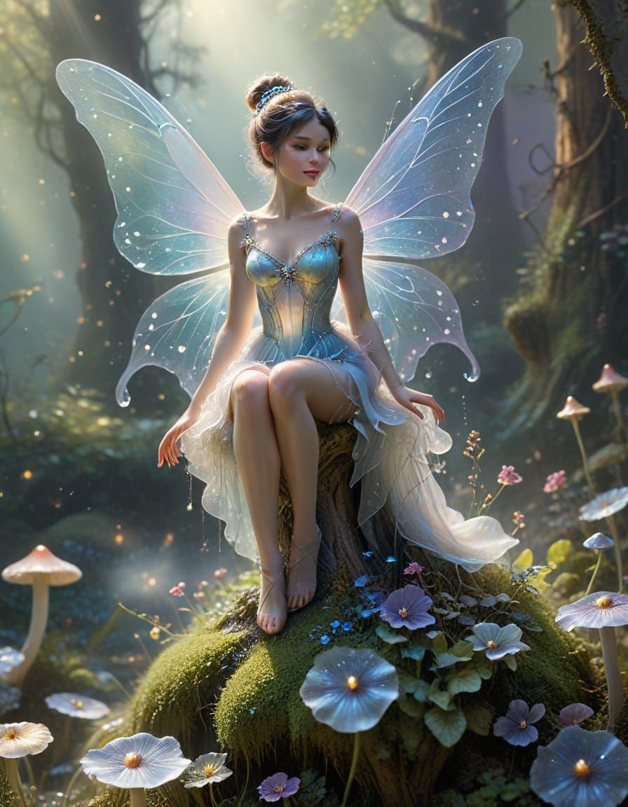 Beautiful Pixie Fairy on Mushroom in Ethereal Mist