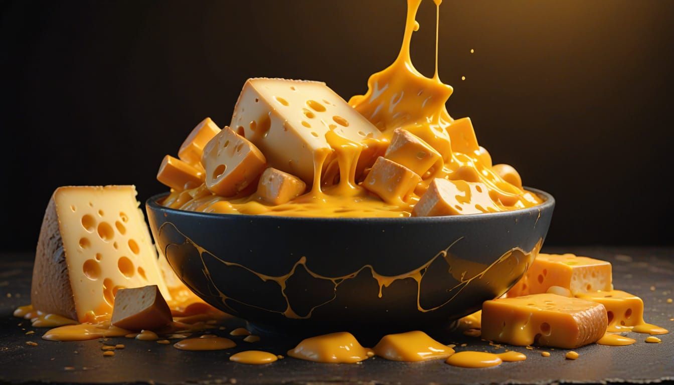 Overflowing Bowl of Golden Melting Cheese Still Life