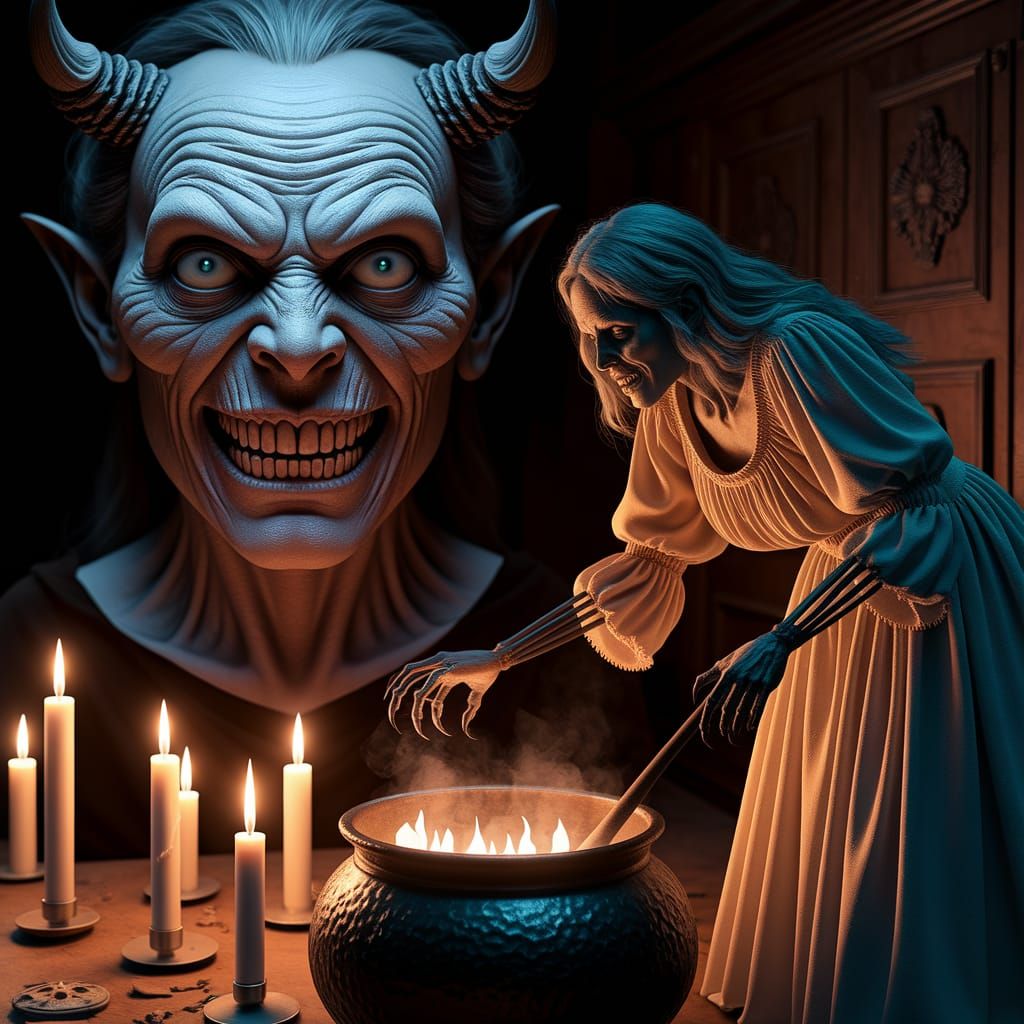 Horrifying Demonic Baba Yaga in Dimly Lit Bedroom